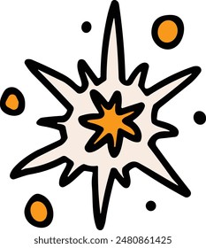 A black and white drawing of a star with a black dot in the center. The star is drawn in a very stylized way, with a lot of detail and emphasis on the center dot