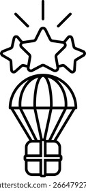 A black and white drawing of a star with three stars above it and a balloon with a box on top