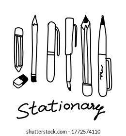 black and white drawing of stationary pens pencils on white background with wording stationary