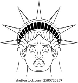 Black and white drawing of the Statue of Liberty with an expression of distress. Vector illustration. Clipart.