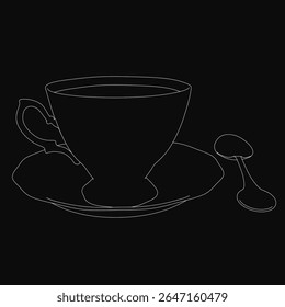 A black and white drawing of a steaming cup of coffee on a saucer with a decorative circle pattern, accompanied by a spoon. The simple yet elegant illustration captures the warmth and comfort