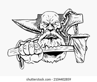 Black and white drawing of a stern blacksmith with a hammer in his hand and an anvil on the background. Vector image for prints of t-shirts, caps, hoodies, posters, cups and other souvenirs.