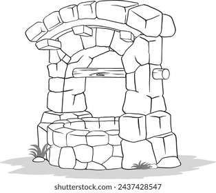 Black and white drawing of a stone well.