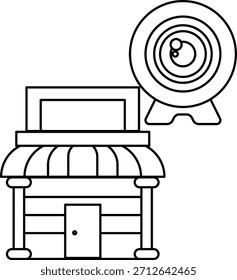 Un dibujo en blanco y negro de una tienda con una cámara delante. La cámara es una cámara web y la tienda es una tienda Pequeña