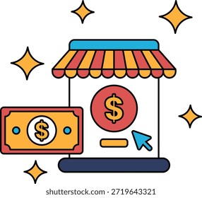 Un dibujo en blanco y negro de una tienda con un signo de dólar. También se muestra un billete de un dólar