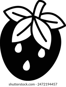 A black and white drawing of a strawberry with a leaf on top. The leaf is drooping down and the strawberry is surrounded by water