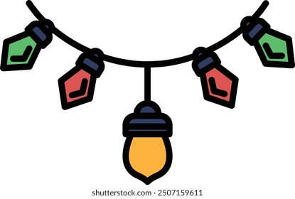 A black and white drawing of a string of lights with a light bulb hanging from it