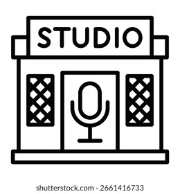 Un dibujo en blanco y negro de un estudio con un micrófono. El estudio es un lugar para grabar música u otro audio. Trazo Editable.