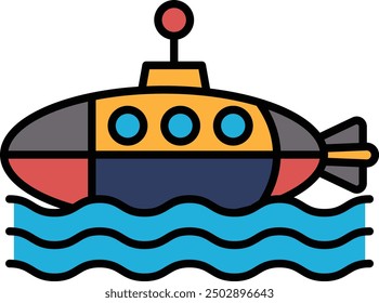 A black and white drawing of a submarine in the water. The submarine is small and has a rocket on the back