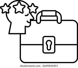 A black and white drawing of a suitcase with a head on top of it. The head is smiling and has stars on it. The suitcase is open and has a keyhole