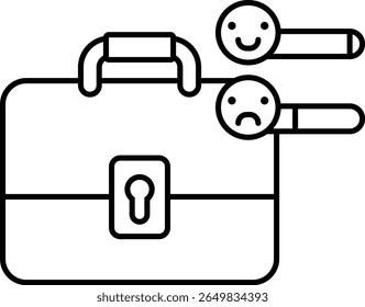 A black and white drawing of a suitcase with two sad faces on it. The suitcase is open and has a keyhole