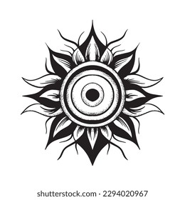 A black and white drawing of a sun with a black circle and the word sun on it