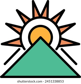 A black and white drawing of a sun with a triangle on top of it. The sun is surrounded by rays of light and the triangle is pointing towards the sun. Concept of warmth and energy