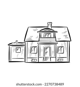 Black and white drawing of a Swedish wooden house in the village with a red tiled roof and a brick chimney, as well as a balcony and an extension