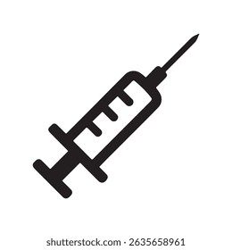 A black and white drawing of a syringe with a needle for medical or vaccination purposes shown