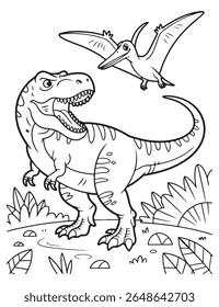 a black and white drawing of a t rex and a pterodactyl. perfect for a coloring page or a fun activity for kids. prehistoric creatures!
