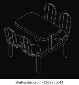 A black and white drawing of a table with four chairs around it. The table is rectangular and has a black top. The chairs are arranged around the table, with one on each side and one in the back