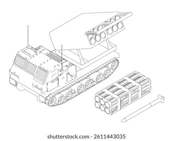 A black and white drawing of a tank with a rocket launcher on top. The tank is surrounded by a pile of wood
