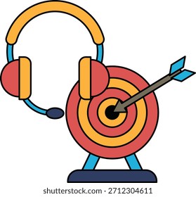 Eine schwarz-weiße Zeichnung eines Ziels mit einem Headset und einem Pfeil und einer Schleife. Die Zeichnung vermittelt die Idee, ein Ziel oder Ziel anzustreben, sowie das Headset und den Bogen