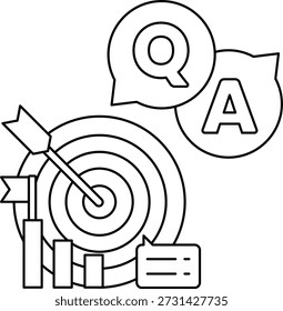 Um desenho em preto e branco de um alvo com um ponto de interrogação e um A acima dele. Conceito de uma busca ou desafio, com o ponto de interrogação e A representando o desconhecido e a resposta