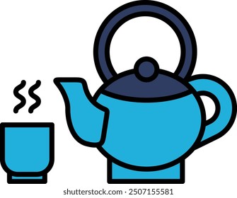 A black and white drawing of a tea kettle and a cup of tea. Concept of warmth and comfort