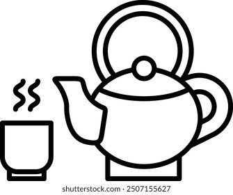 A black and white drawing of a tea kettle and a cup of tea. Concept of warmth and comfort