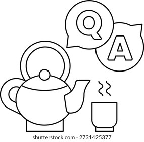 Eine schwarz-weiße Zeichnung eines Teekessels mit einer Tasse Tee daneben. Konzept der Neugier und Konversation