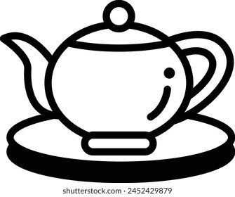 A black and white drawing of a teapot and saucer. The teapot is sitting on a saucer and has a lid on top. Concept of calm and relaxation, as the teapot