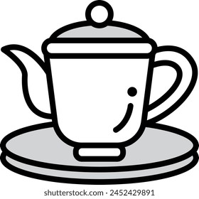 A black and white drawing of a teapot and saucer. The teapot is sitting on a saucer and has a lid on top. Concept of calm and relaxation, as the teapot