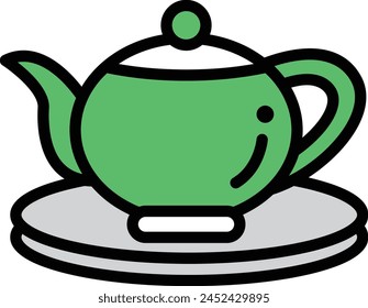 A black and white drawing of a teapot and saucer. The teapot is sitting on a saucer and has a lid on top. Concept of calm and relaxation, as the teapot