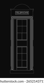 A black and white drawing of a telephone booth stands out against a dark background. The clean white outline gives it a classic and minimalist appearance.