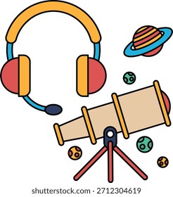 Un dibujo en blanco y negro de un telescopio, un par de auriculares y un planeta. El dibujo transmite un sentido de curiosidad y exploración, como el telescopio