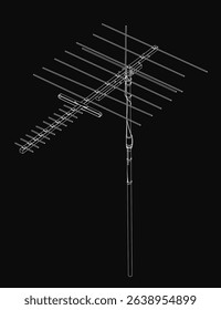 A black and white drawing of a television antenna. The antenna is tall and has many wires coming out of it. Concept of technology and communication