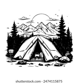 A black and white drawing of a tent in the woods with mountains in the background