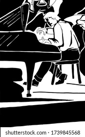 Black and white drawing that represents a pianist in the midst of his performance