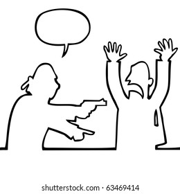 Black and white drawing of a thief holding a gun demanding the bag. The scared victim puts his hands in the air.