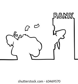 Black and white drawing of a thief running away with a large bag of money after robbing a bank, with a hesitant bank clerk in the door opening.