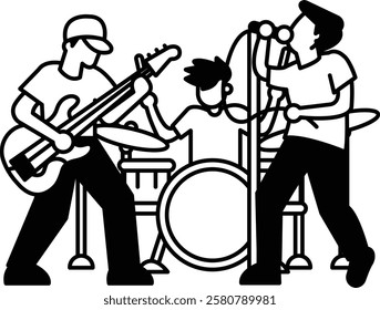 A black and white drawing of three men playing music. The man on the left is holding a guitar, the man in the middle is holding a drum, and the man on the right is holding a microphone