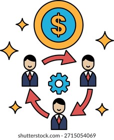 A black and white drawing of three men with a dollar sign in the middle. The dollar sign is surrounded by arrows pointing to the men. The drawing conveys the idea of collaboration and teamwork