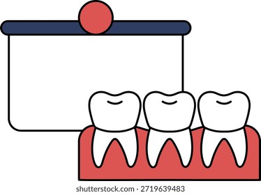 Un dibujo en blanco y negro de tres dientes con un cartel detrás de ellos que dice "Clínica Dental"