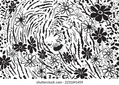 Black and white drawing of tiger camouflage background, leopard head and flowers