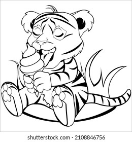 Black and white drawing of a tiger for coloring. The tiger sits and eats ice cream. Vector illustration
