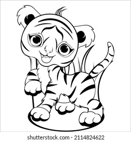 Black and white drawing of a tiger for coloring. Little tiger cub merrily walks. Vector illustration