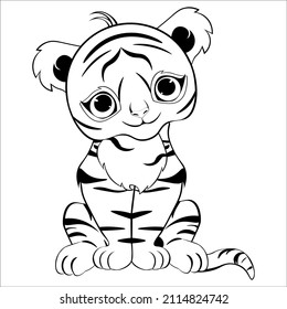 Black and white drawing of a tiger for coloring. Tiger sits and smiles. Vector illustration
