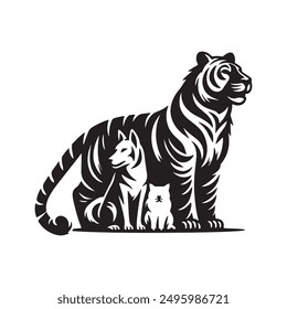 Un dibujo en blanco y negro de un tigre, un perro y un gatito icono de logotipo.