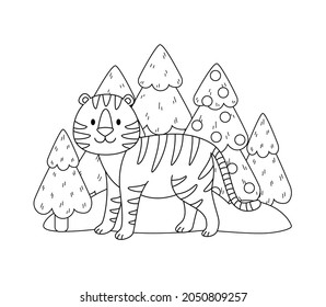 Black and white drawing of a tiger in the forest. A doodle of a stylized animal. Vector contour illustration of a tigress in cartoon style for Christmas coloring, print, postcards, stickers and design