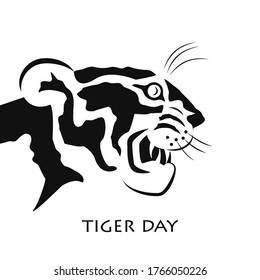 black and white drawing of a tiger with the inscription tiger day. stock vector illustration. EPS 10.