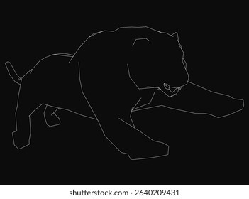 A black and white drawing of a tiger. The tiger is in motion, with its paw extended and its body in a crouched position. Concept of energy and movement