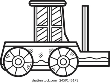 A black and white drawing of a tractor. The tractor is drawn in a cartoon style and has a playful, whimsical feel to it. The design of the tractor is simple and straightforward