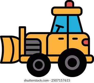 A black and white drawing of a tractor with a plow. The tractor is parked and ready to be used